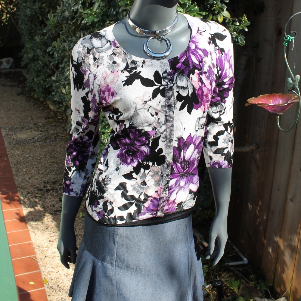 White House Black Market Purple Black White Floral Cardigan Sweater